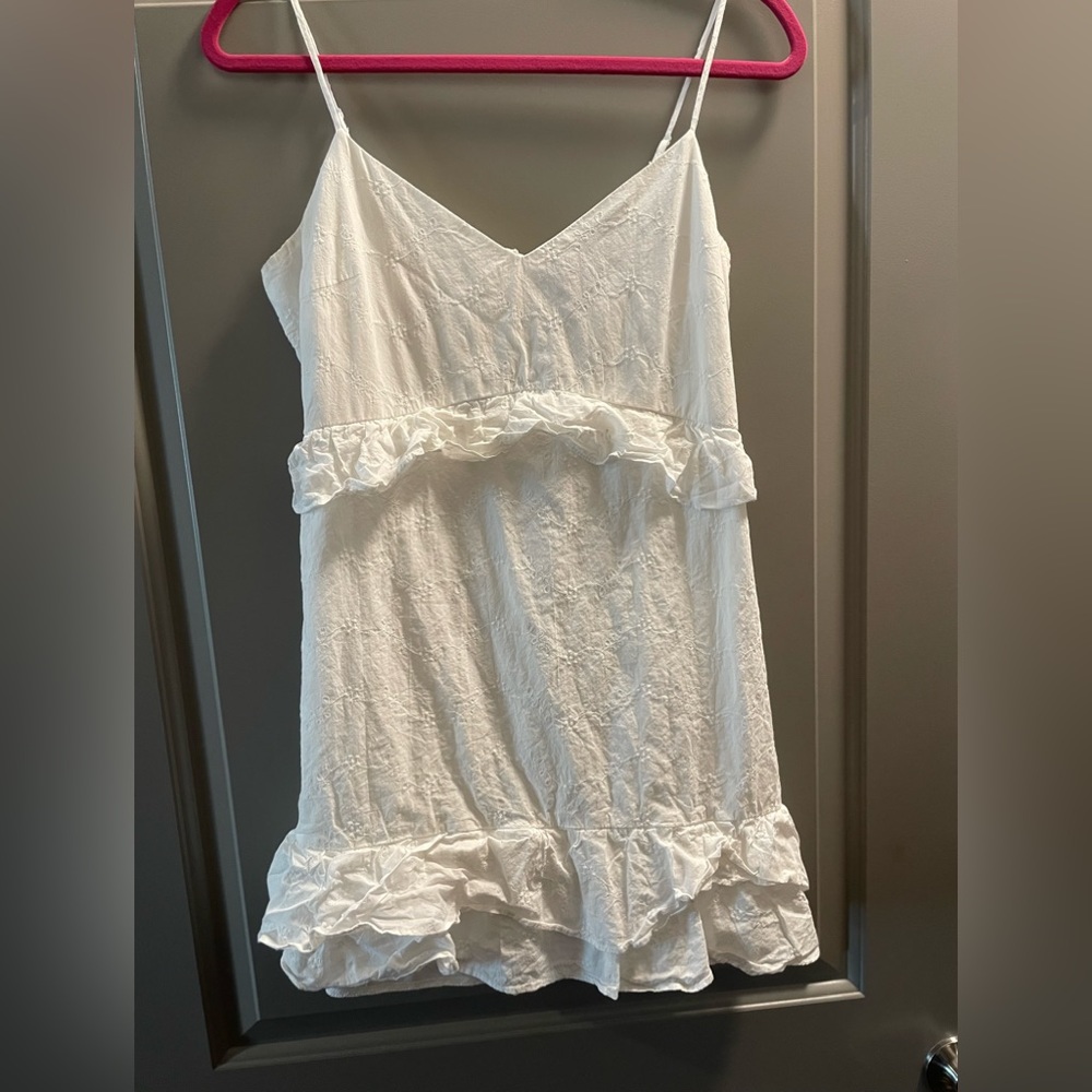 Ruffled White Mini Dress V-neck Eyelet With Adjustable Straps sundress